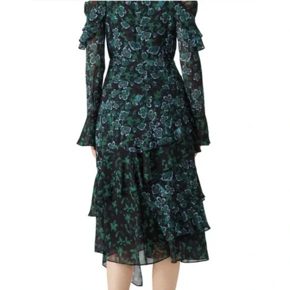 Tanya Taylor Green Floral Althea Silk Ruffle Midi Cold Shoulder Dress whimsigoth - Picture 10 of 13